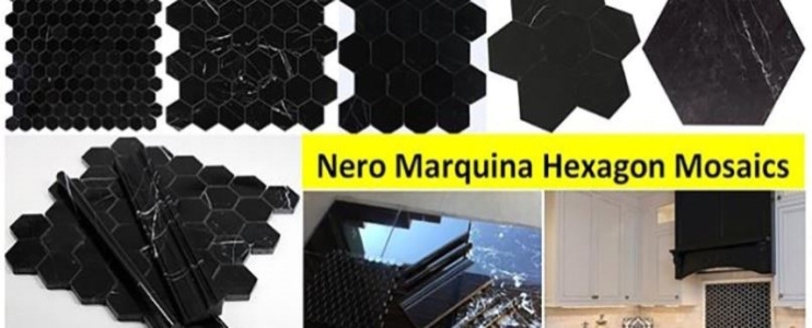 4 projekty dekoracji z mozaiką sześciokątną z polerowanego marmuru Nero Marquina